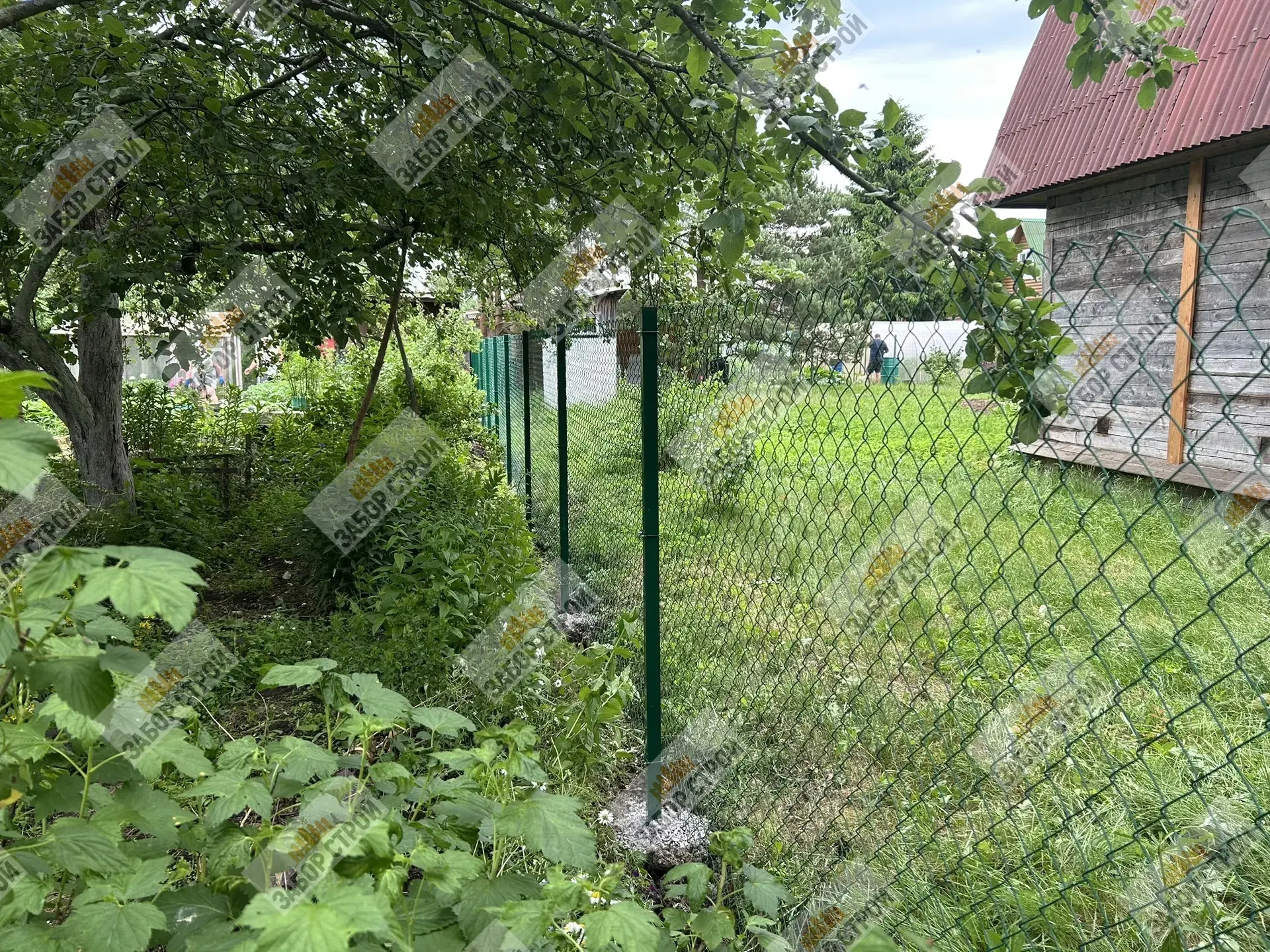 Установка сетки Рабицы в зелёном цвете  с ПВХ покрытием.

Высота - 1,8м 

Столбы 50х50 - порошковая 