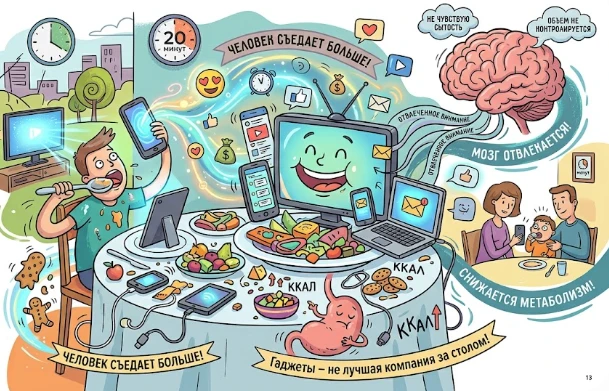 📱 Гаджеты за едой? Вредно и невкусно

Кратко о том, почему телефон и телевизор — худшая компания за