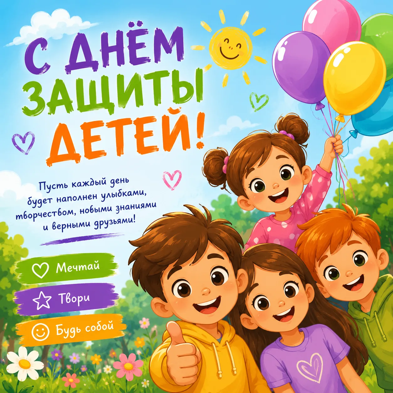 🎈 С Днём защиты детей!

Детство — это время открытий, мечтаний, первых побед и искренней веры в чуд