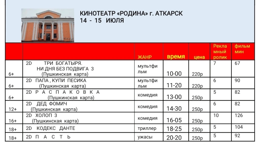 УВАЖАЕМЫЕ ЗРИТЕЛИ !  В СВЯЗИ С РЕМОНТОМ ЗРИТЕЛЬНОГО ЗАЛА , КИНОТЕАТР «РОДИНА» ПРИОСТАНА...
