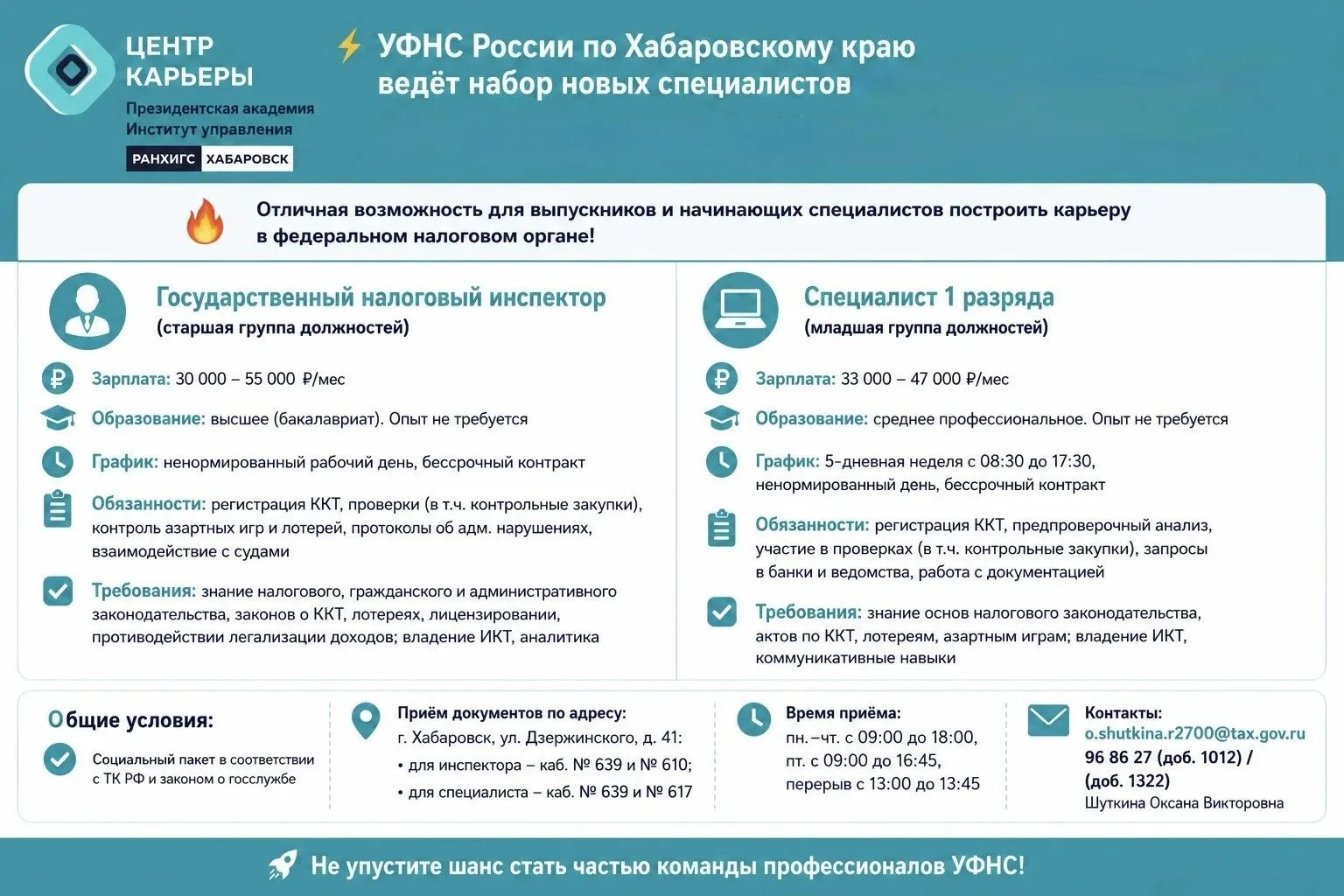 ⚡️ УФНС России по Хабаровскому краю ведёт набор новых специалистов в отдел оперативного контроля

Уп