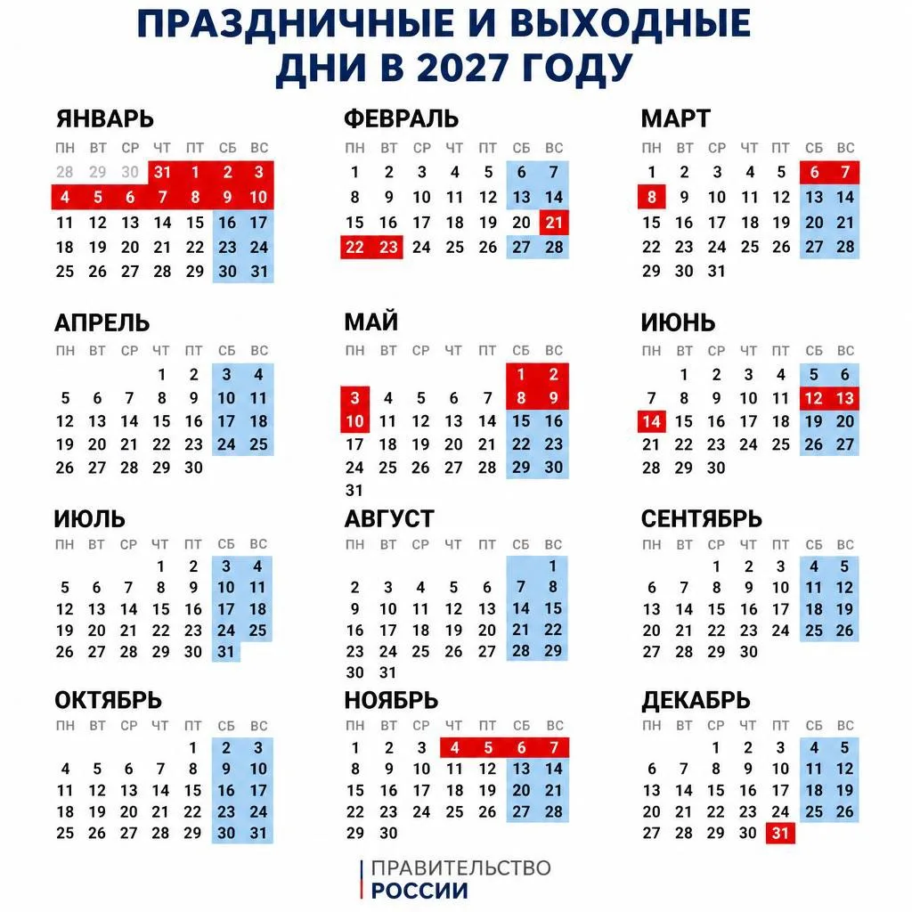 🎉 Мишустин утвердил календарь выходных на 2027 год