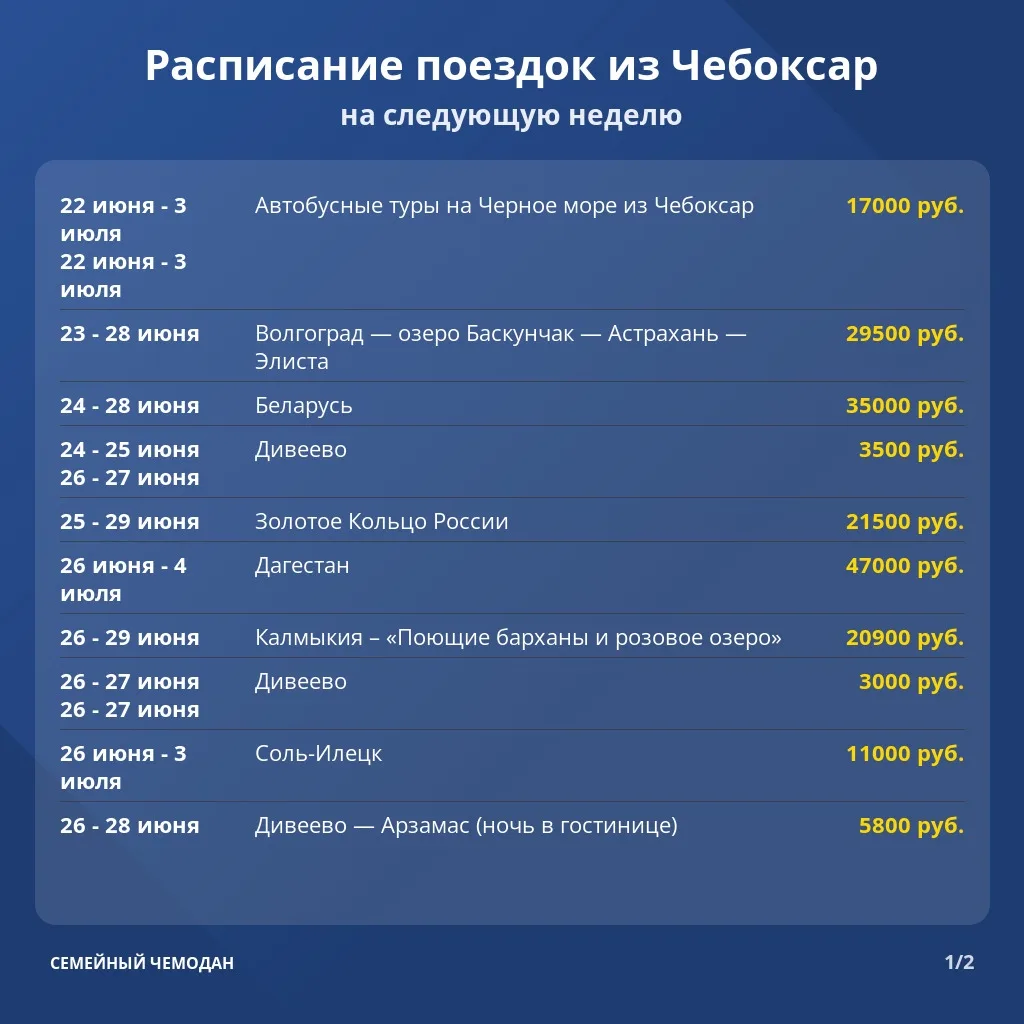 Расписание туров из Чебоксар на следующую неделю (22 - 28 июня). 

Все туры тут – [контакт скрыт]