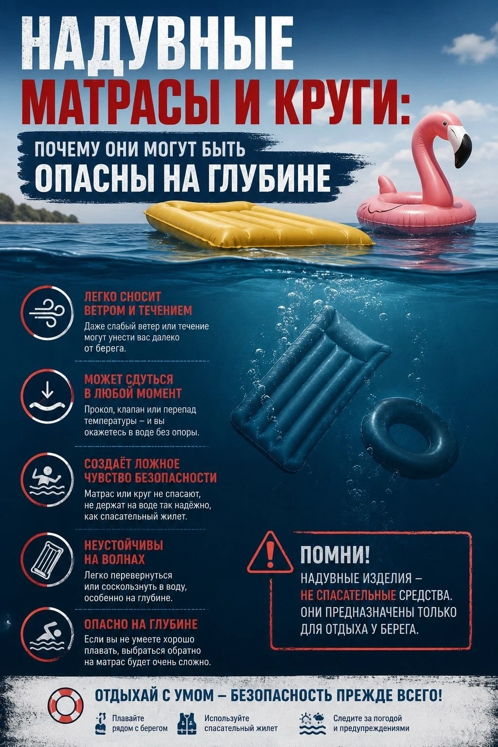 Надувные матрасы и круги — не игрушки для глубины!

Они легко сдуваются, переворачиваются на волнах,
