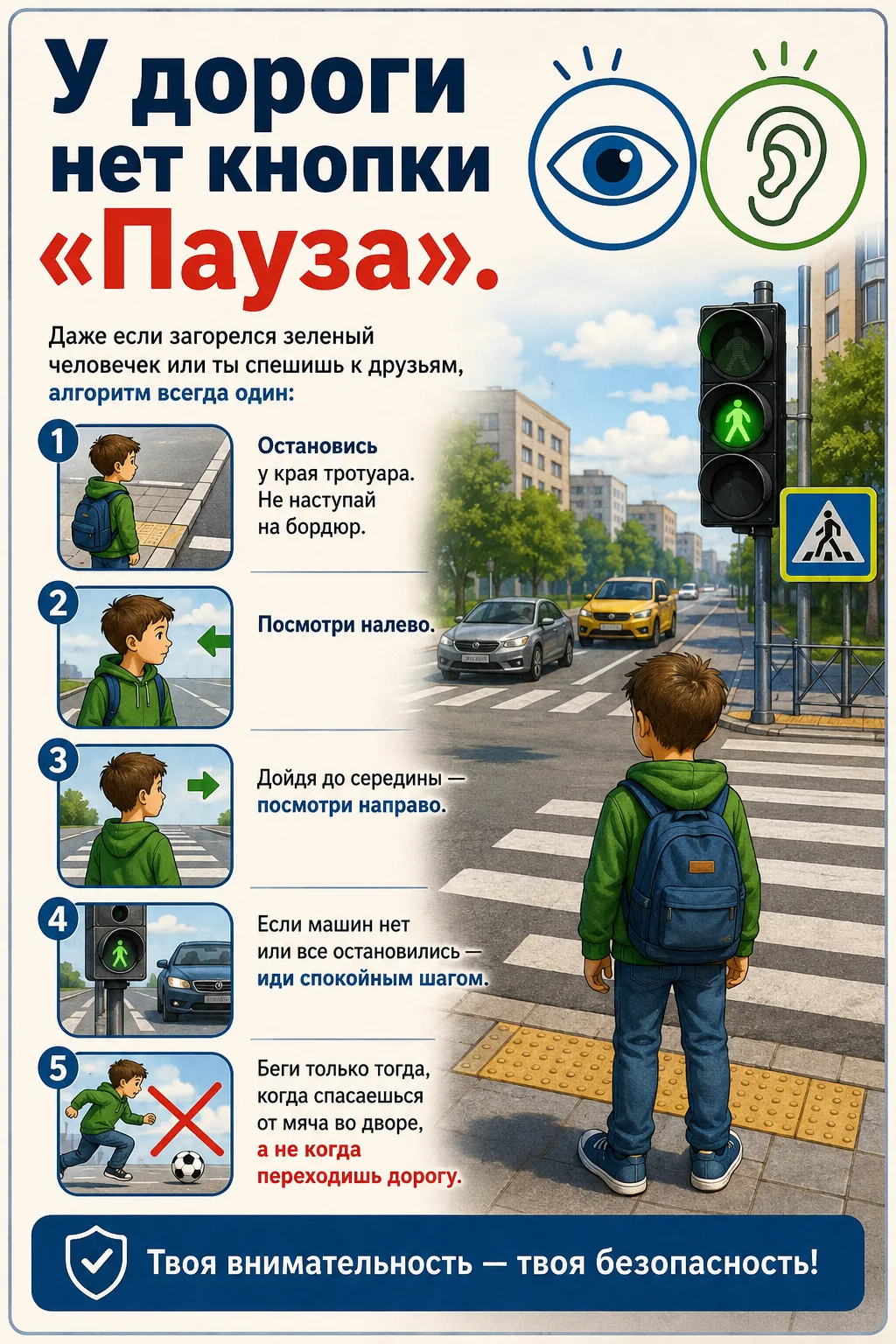 🧑Дети возвращаются за парты, а дорога снова наполняется пешеходами. Напомните ребенку ...