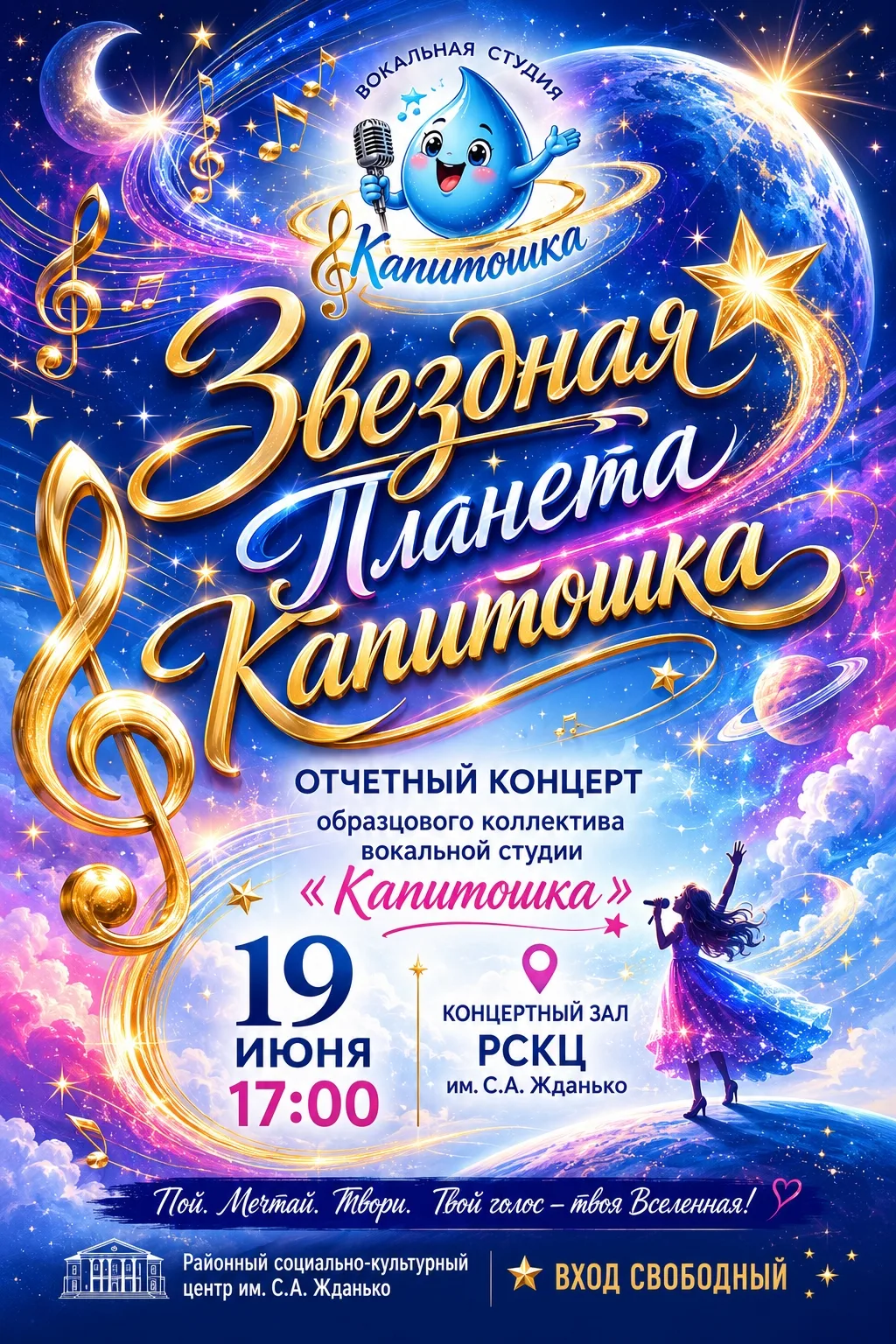 «Твой голос — твоя вселенная...» 🎶

19 июня в 17:00 концертный зал РСКЦ им. С.А. Жданько наполнится