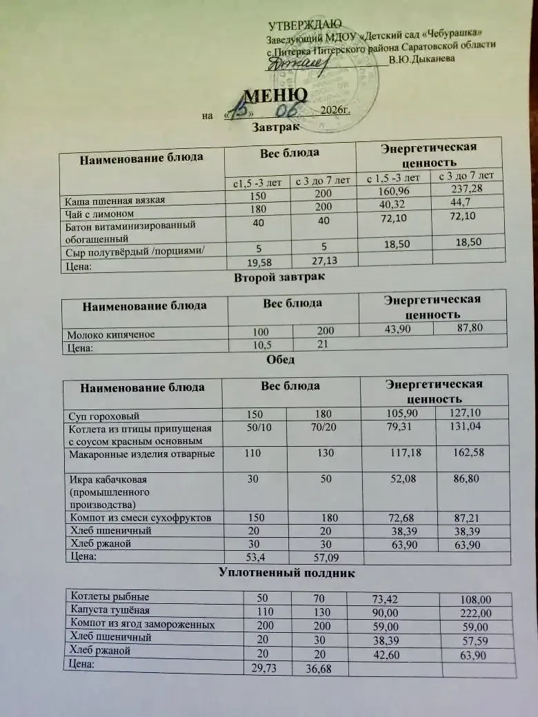 Меню на 15.06.2026г.