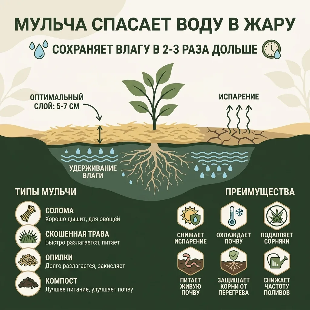 Мульча как супергерой в жару: как она реально экономит воду

🌿 Мульча — это не просто «прикрыть зем