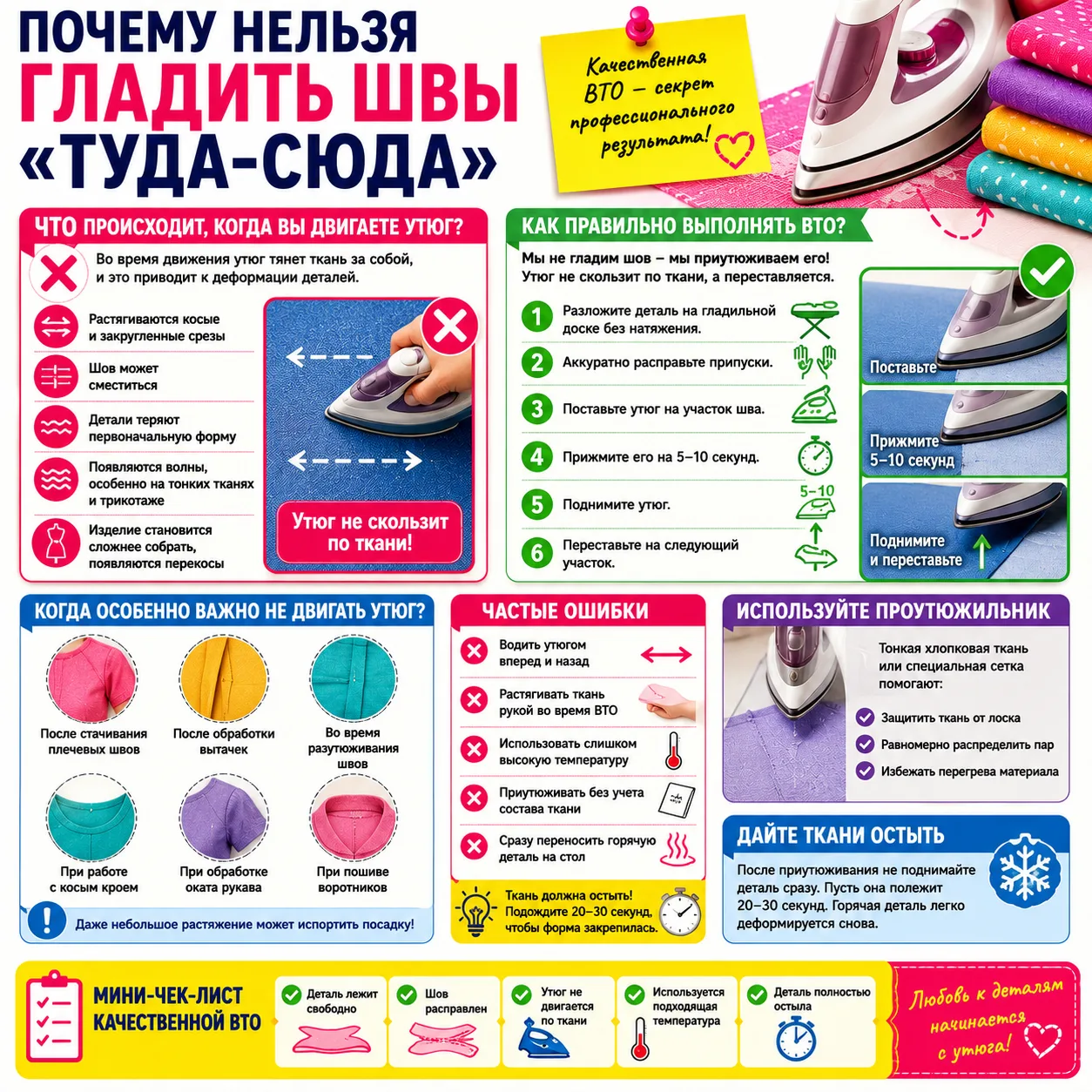 🔥 Почему нельзя гладить швы «туда-сюда»

Многие начинающие швеи гладят швы так же, как обычную одеж