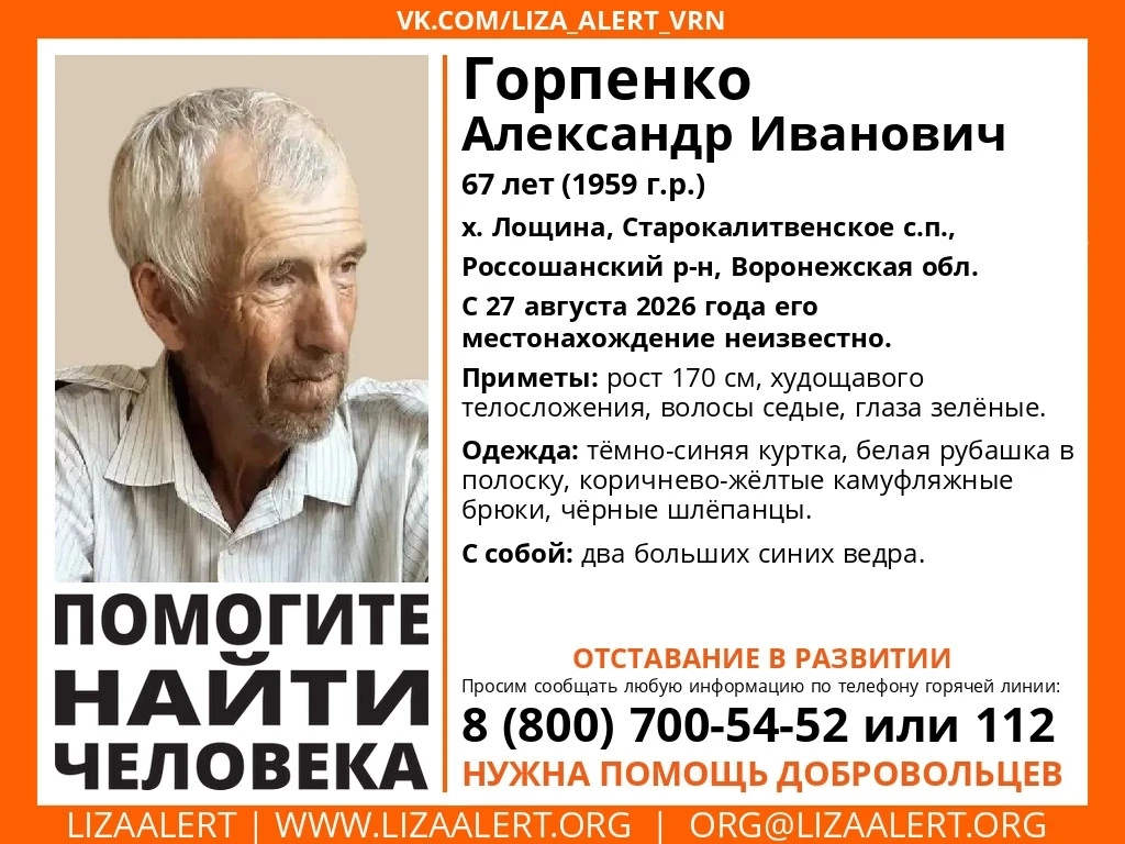 ⚠️ В Воронежской области разыскивается 67-летний Александр Горпенко