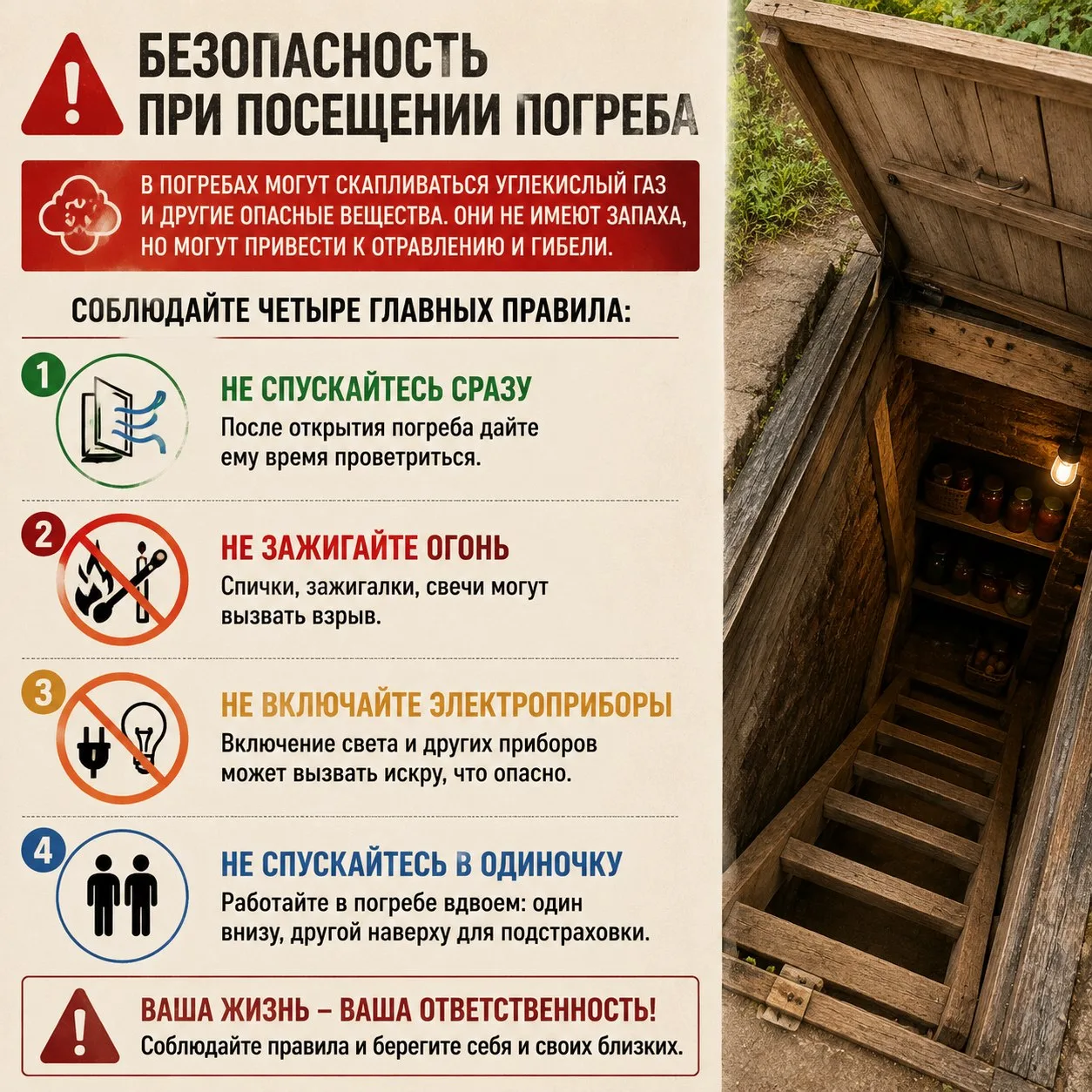 🚨 Спускаясь в погреб, не забывайте о мерах предосторожности!