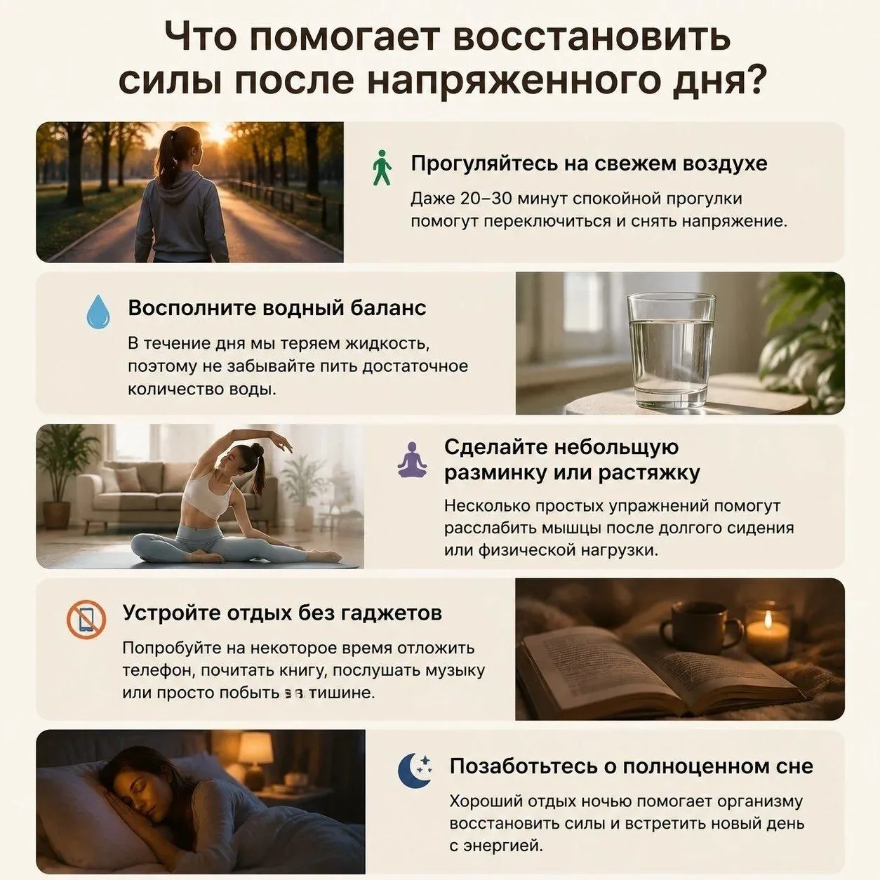 🌿  Что помогает восстановить силы после напряженного дня?

После насыщенного дня важно дать организ