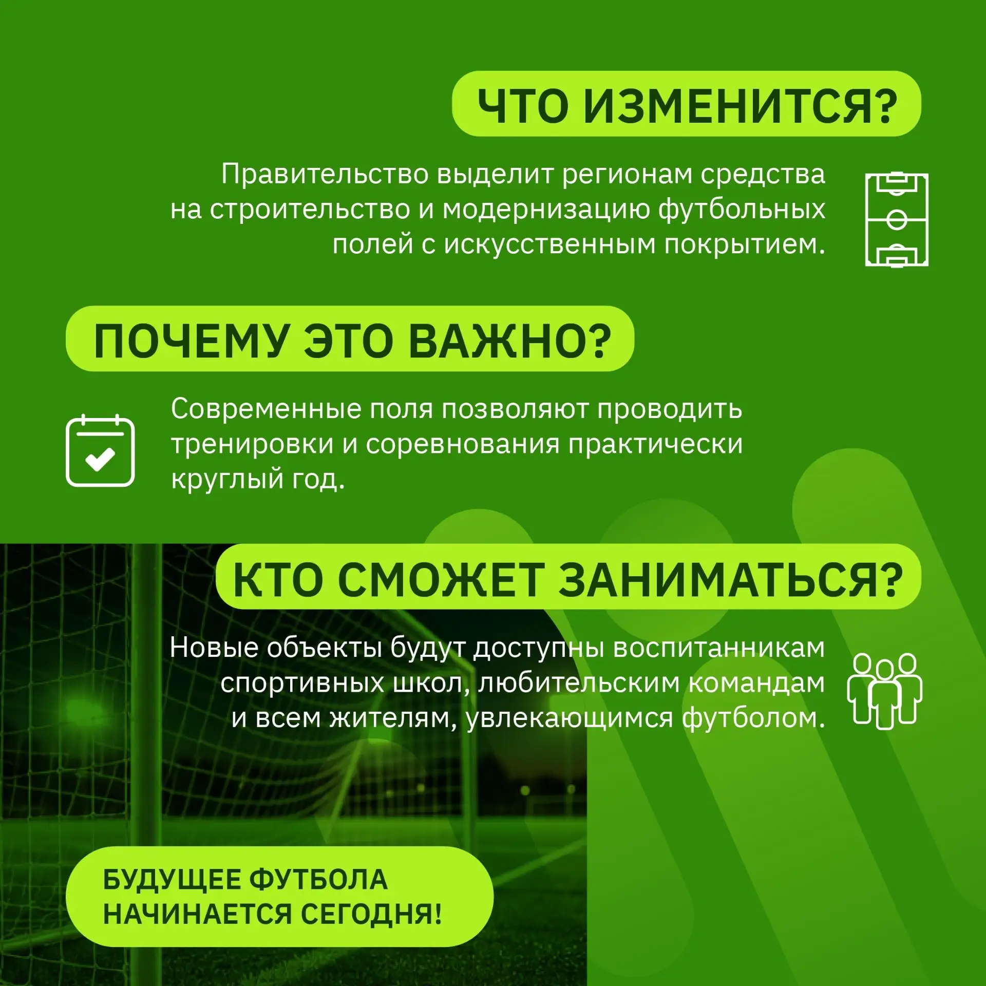 В регионах появятся новые футбольные поля с искусственным покрытием. Правительство России будет выде