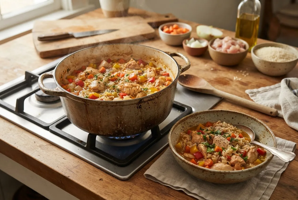 Рецепт тушеной курицы с овощами и рисом