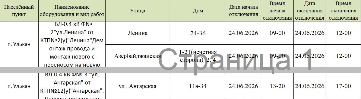 Плановые работы п. Улькан 24.06.26