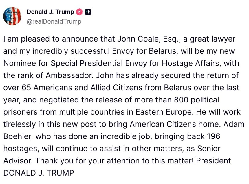 Трамп повысил спецпосланника по Беларуси Джона Коула