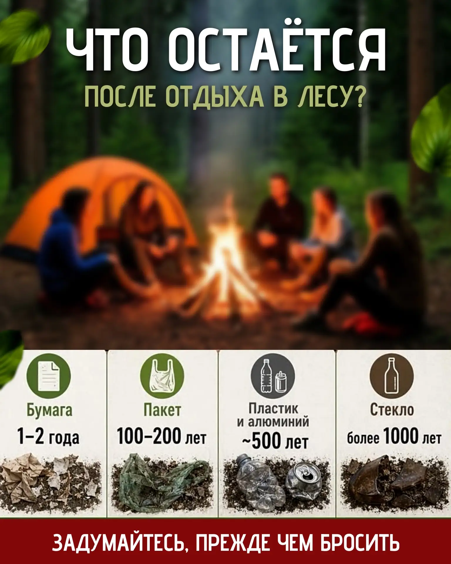 🌳🚯Сколько живёт мусор в лесу?

Проблема загрязнения лесных массивов бытовыми отходами остаётся одн