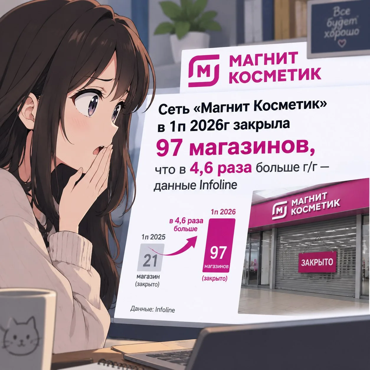 Сеть «Магнит Косметик» 🍏 в 1п 2026г закрыла 97 магазинов, что в 4,6 раза больше г/г — ...