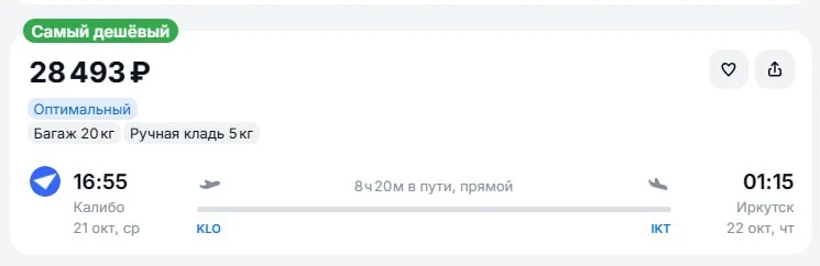 Из Филиппин(Калибо) прямым рейсом  в Иркутск за 28.500руб , багаж  цене