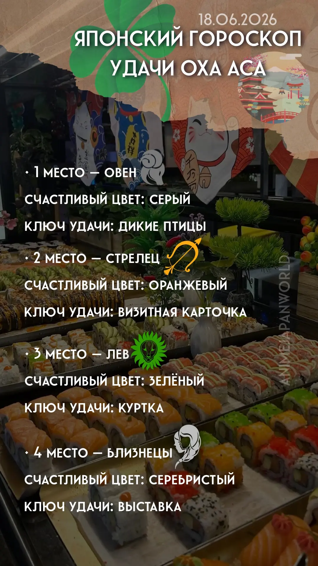 • Японский гороскоп удачи  на сегодня (18.06.2026) 🇯🇵 Всем хорошего дня!
С Днём суши!🍣
#гороскоп
