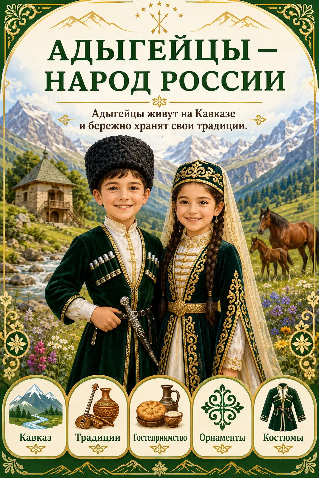 🌿 Продолжаем наше путешествие по народам России!

Сегодня знакомимся с новым народом — ✨ АДЫГЕЙЦАМИ