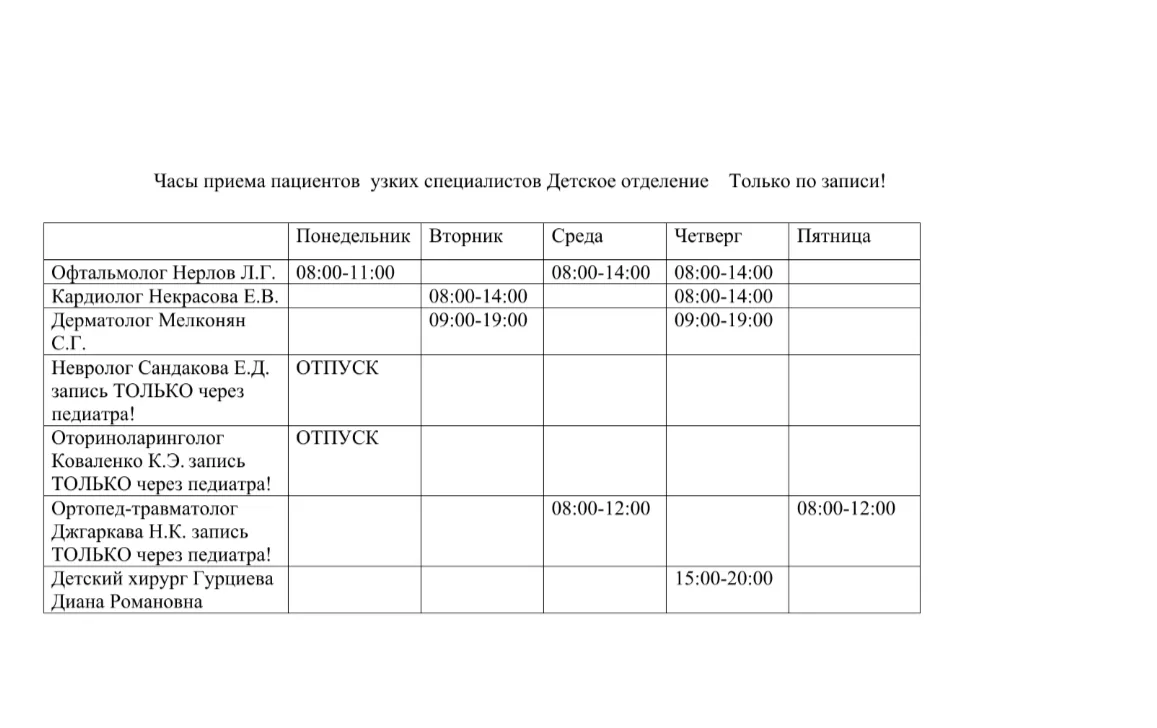 🗂️  Расписание приема🧸 
    **узких специалистов** 
с 08 по 11 июня 2026г
 в детском отделении 
#г