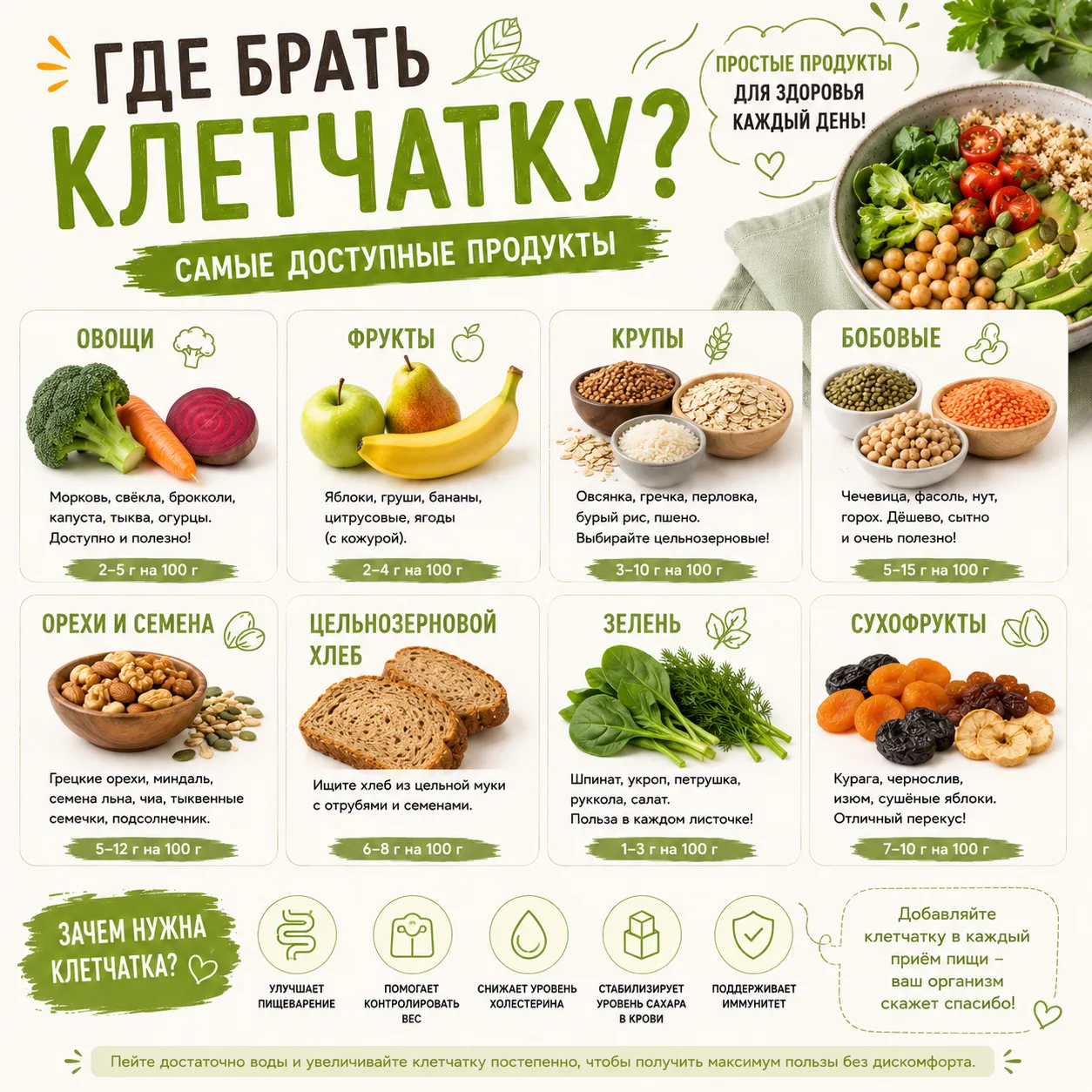 ❗️КЛЕТЧАТКА – это пищевые волокна, которые не перевариваются в организме человека.

❗️Обязательны к 
