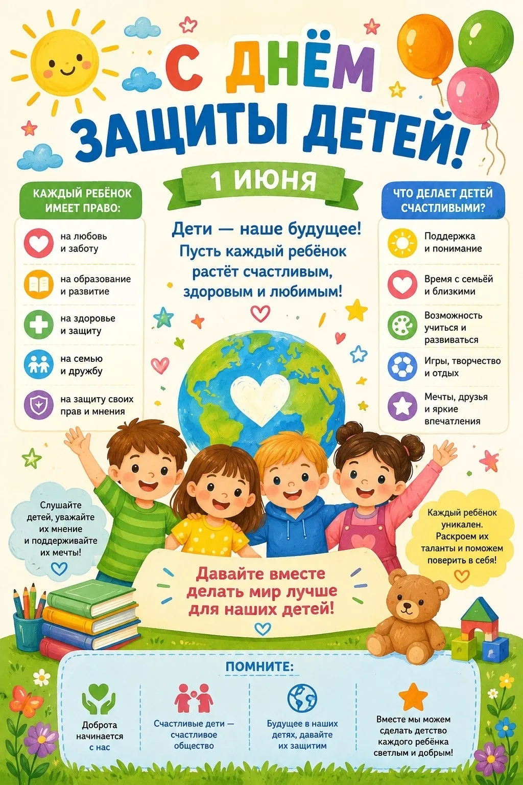 💥Уважаемые воспитанники и родители! Поздравляем вас с Международным днём защиты детей! 🎉🏫

1 июня