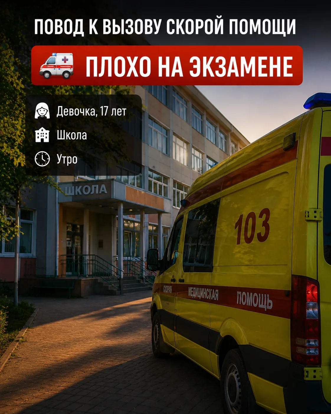 Повод к вызову: девочка, 17 лет, плохо на экзамене.
