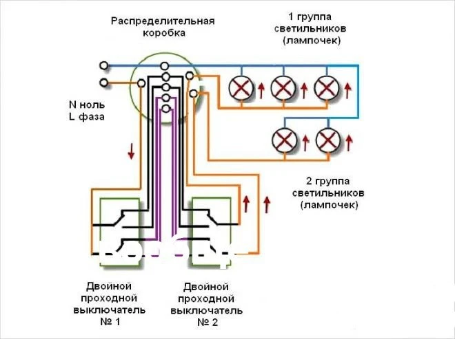 Схема подключения двухклавишного проходного выключателя для 2-х светильников.