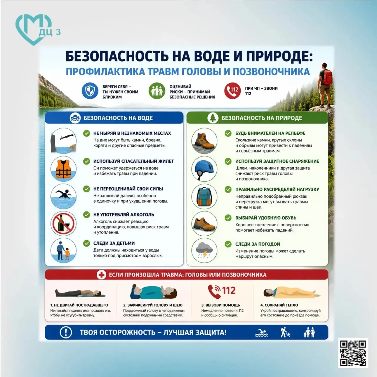 Для предотвращения травм головы и позвоночника на воде и природе соблюдайте следующие п...