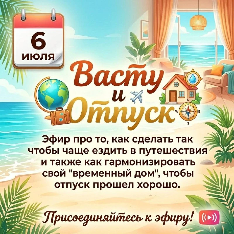 Напоминалочка: у нас в Васту клубе сегодня эфир про отпуск)