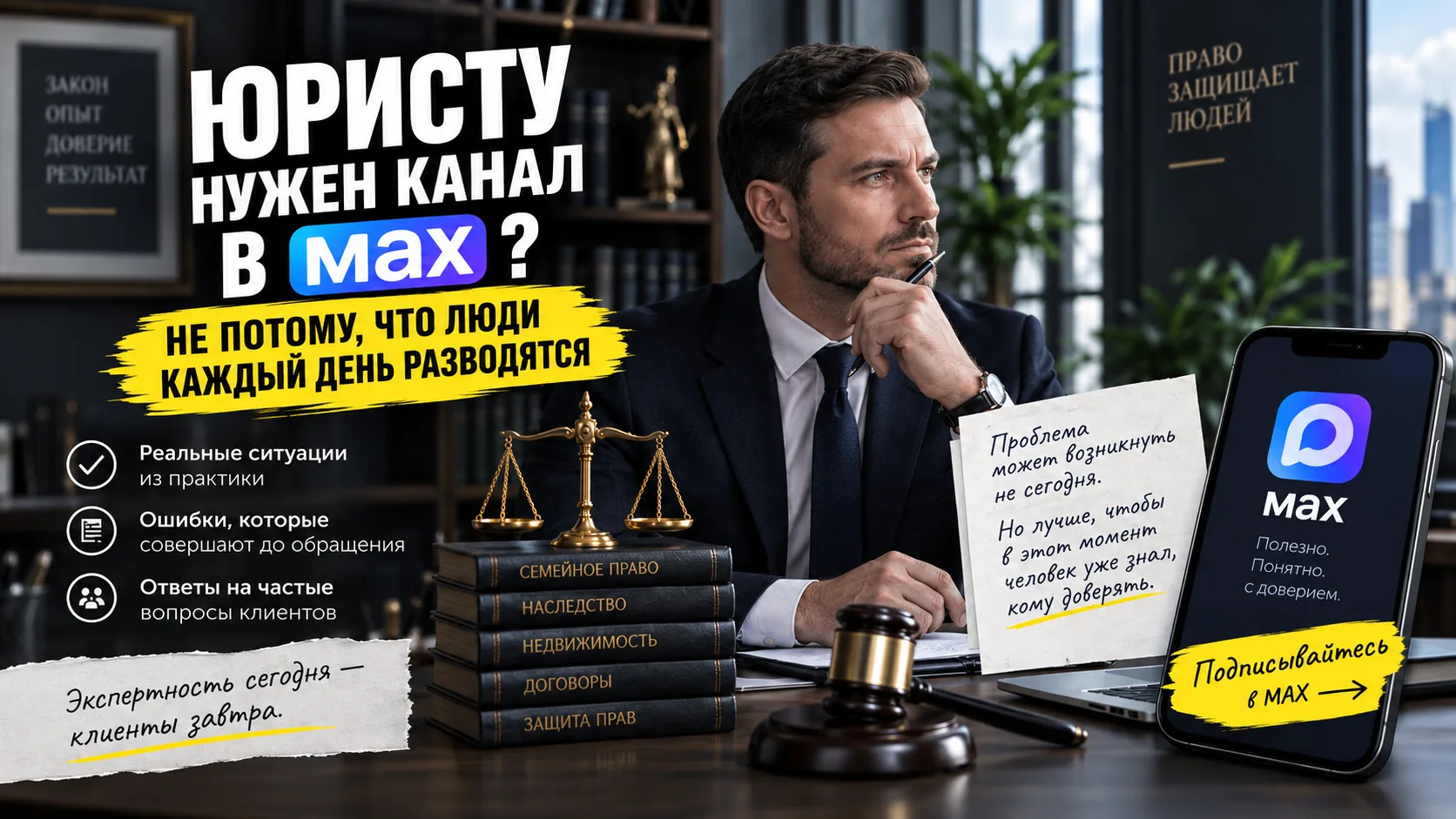 ⚖️ ЮРИСТУ НУЖЕН КАНАЛ В MAX? НЕ ПОТОМУ, ЧТО ЛЮДИ КАЖДЫЙ ДЕНЬ РАЗВОДЯТСЯ