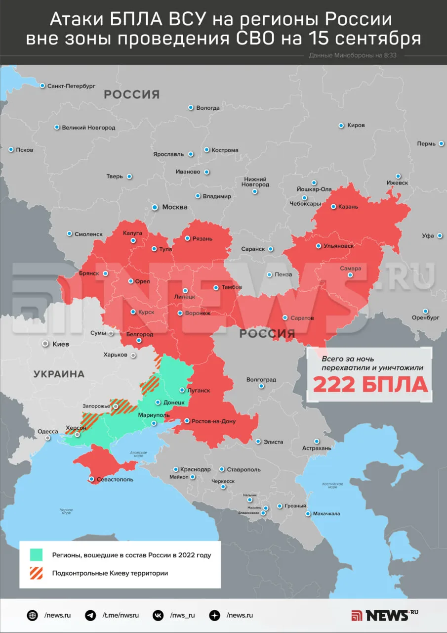 Средства ПВО за ночь сбили 222 украинских БПЛА над регионами РФ, а также над акваторией...