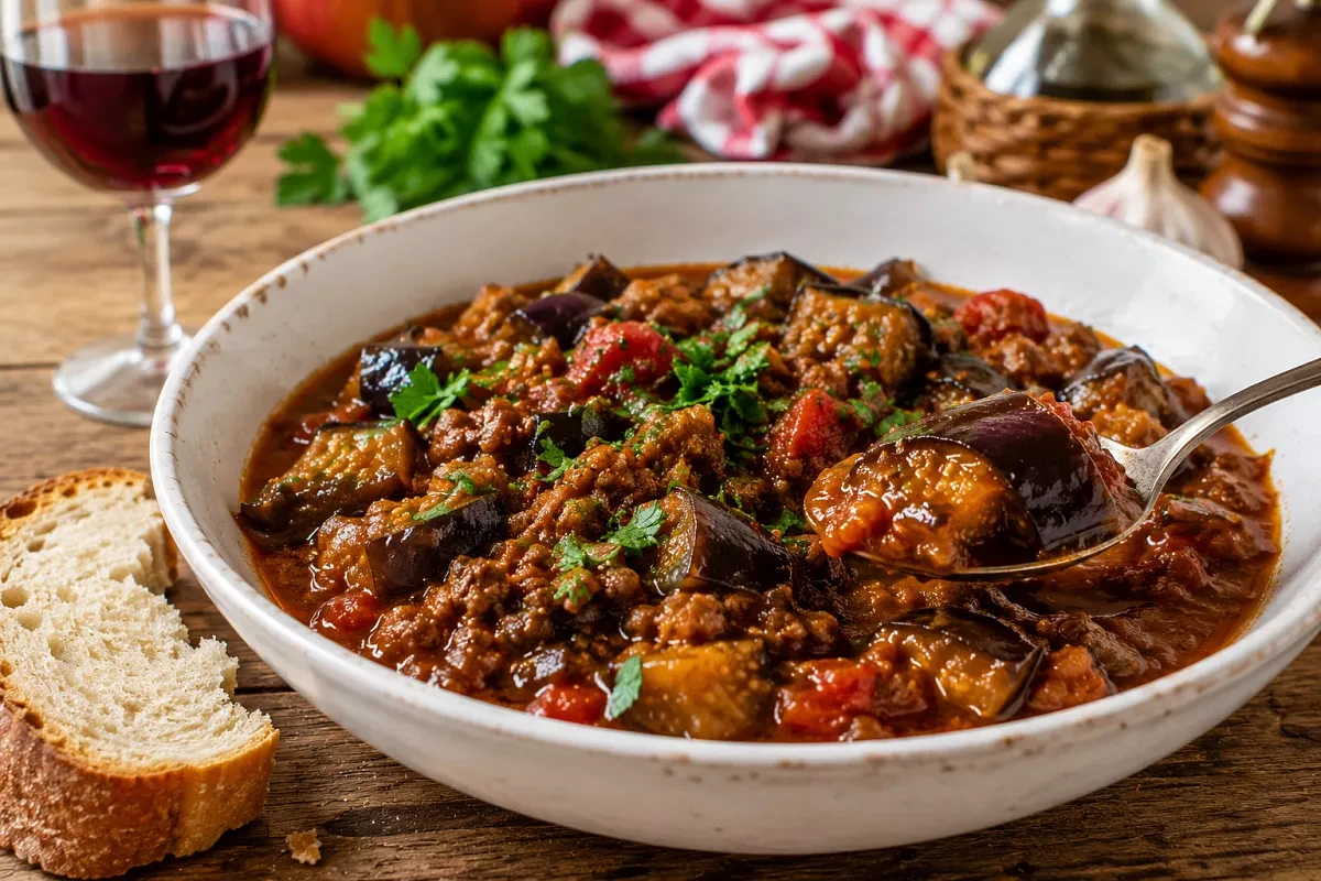 Баклажаны с говядиной и помидорами, томлённые в духовке

1️⃣ Очищаем 1,3 кг баклажанов полосками, ос