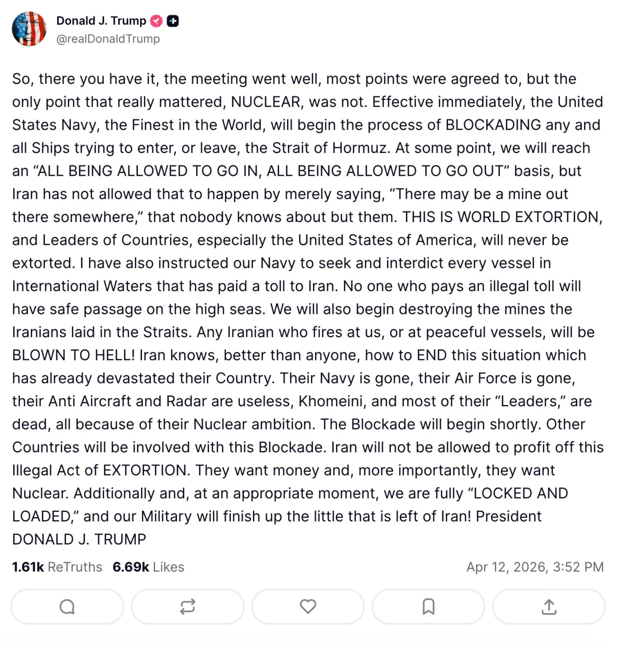 США начинают блокаду Ормузского пролива, заявил в Truth Social американский президент Дональд Трамп.