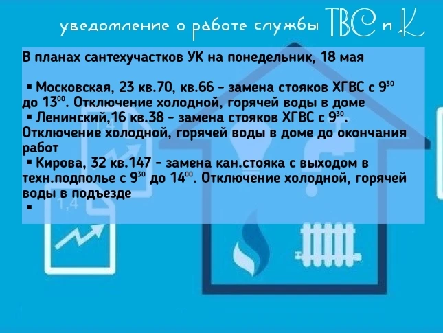 🛠В планах сантехучастков УК на понедельник, 18 мая   ▪︎Московская, 23 кв.70, кв.66 - замена стояков 