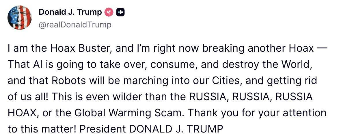 Трамп назвал страхи о захвате мира ИИ ложью, а также упомянул теорию о сговоре с Россией:
