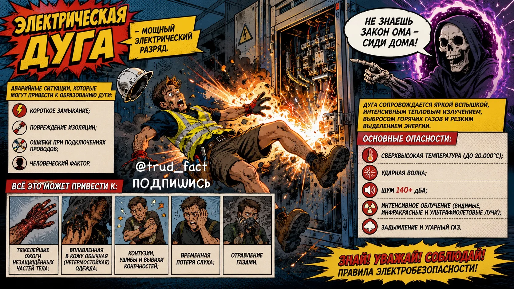 ⠀ ⚡️ ⠀ ЭЛЕКТРИЧЕСКАЯ ДУГА –  мощный электрический разряд. 

⠀ ⚡️ ⠀ Аварийные ситуации, которые могут