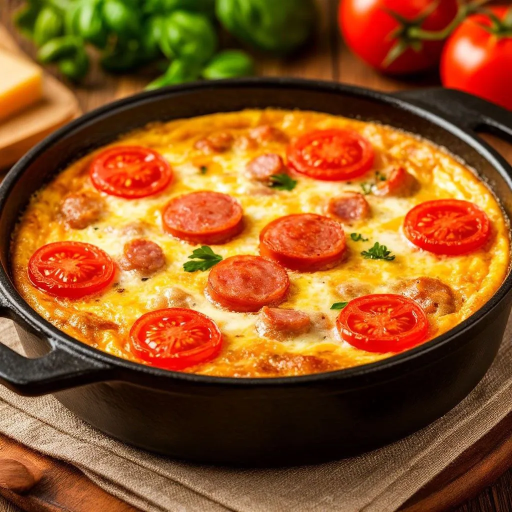 Омлет с колбасой, помидорами и сыром в духовке