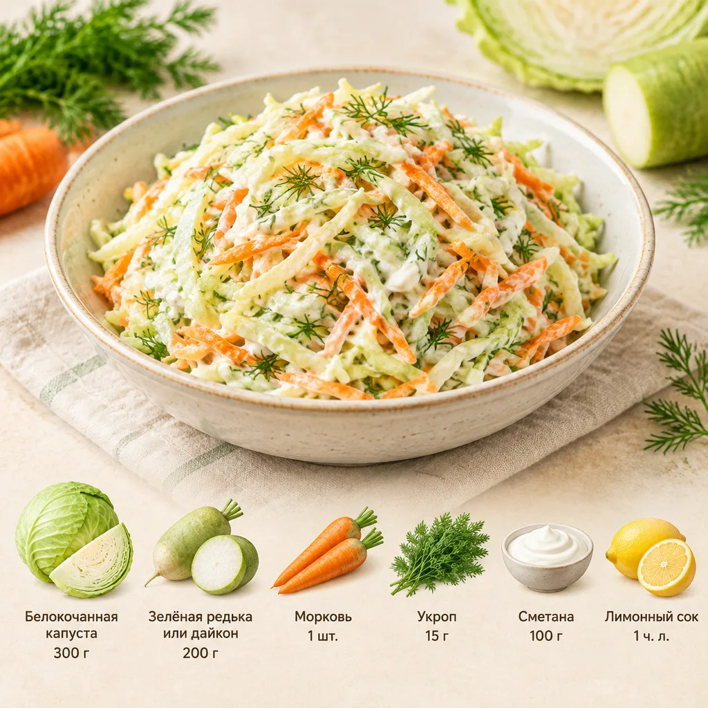 Капустный салат с редькой и сметаной 🤤