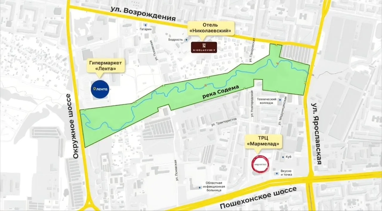 Новый парк может появиться в Вологде в 2027 году.  Речь идет о благоустройстве территории вдоль реки