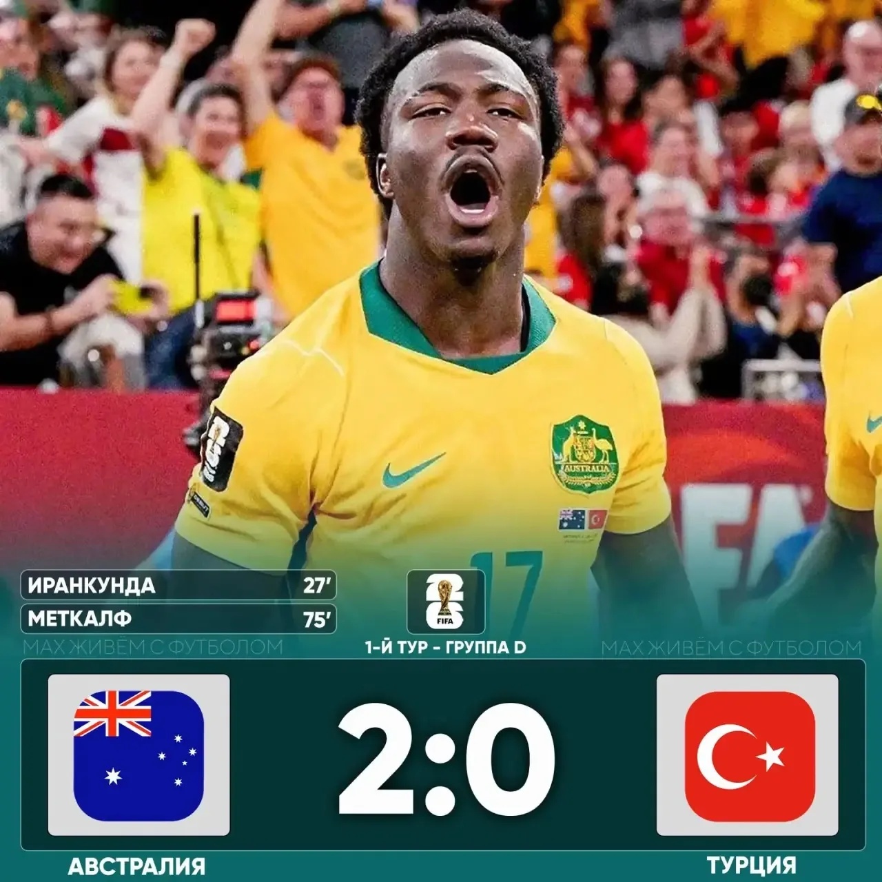 🤯 АВСТРАЛИЯ ШОКИРУЕТ ТУРЦИЮ!

✅ Группа D после первого тура:

🇺🇸 1. США - 3 очка
🇦🇺 2. Австрали