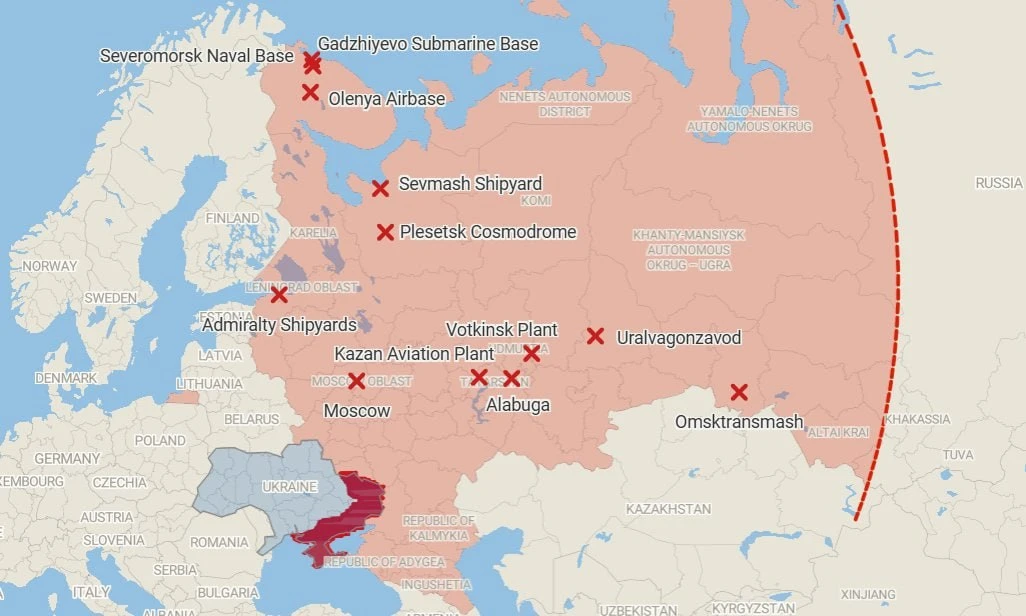 Карта с оценочной дальностью полета обновленного дрона-камикадзе FP-1, заявленной сегод...