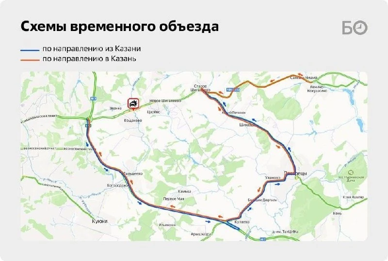 Из-за обрушения перехода на трассе Казань — Шемордар организован объезд через Пестрецы:...