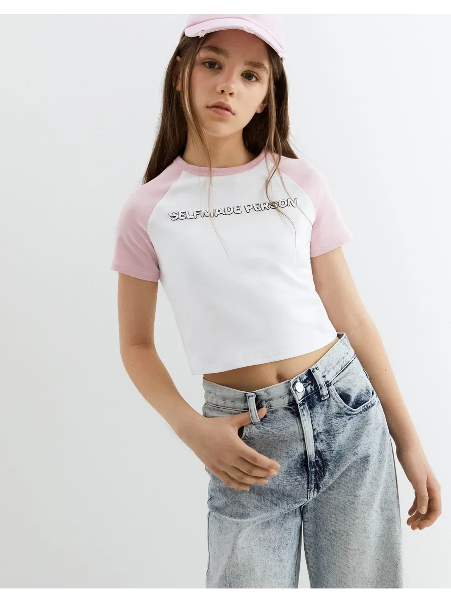 ⚡️ Белый укороченный топ с контрастными рукавами и принтом, gloria jeans