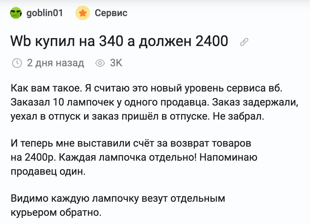 Клиент заказал на WB 10 лампочек по 34 рубля. Доставку задержали — он уехал в отпуск и ...