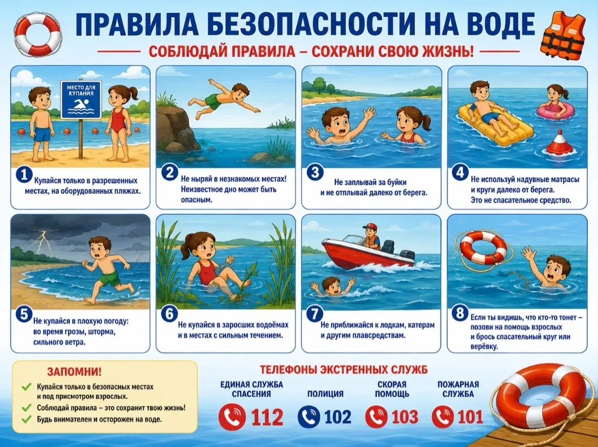 🌊 Правила безопасности на воде летом
 
1. Купайся только в разрешённых местах. Выбирай оборудованны