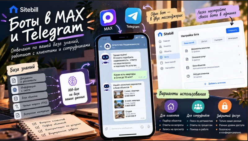 В админке появился раздел «Боты»: подключите к сайту собственного бота в Max или Telegr...