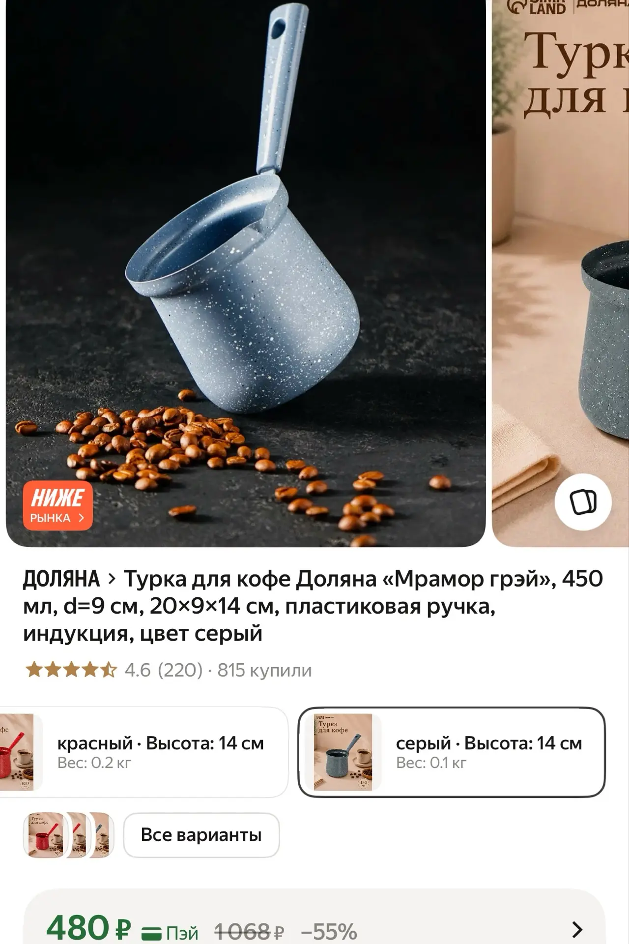 Турка для кофе Доляна «Мрамор грэй», 450 мл, d=9 см, 20×9×14 см, пластиковая ручка, инд...